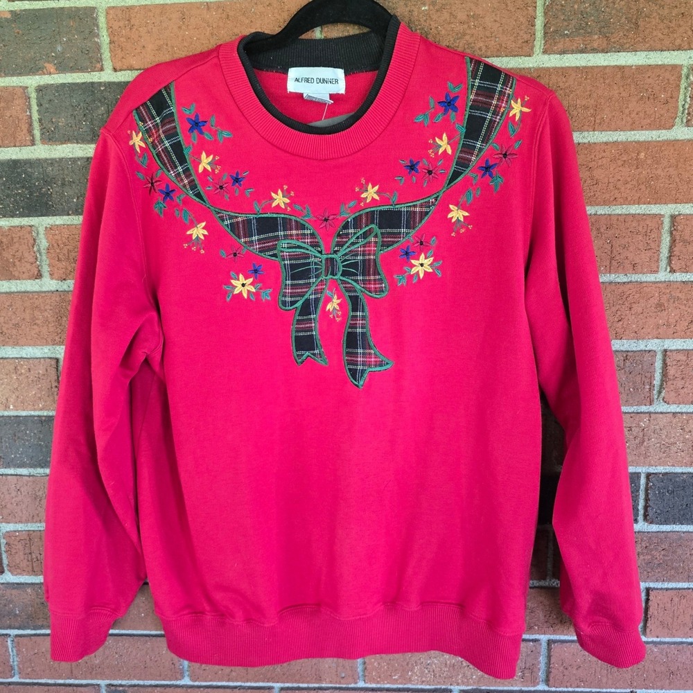 Vintage 90s Alfred Dunner Sweatshirt Women Christmas M Red Plaid Bow Embroidered